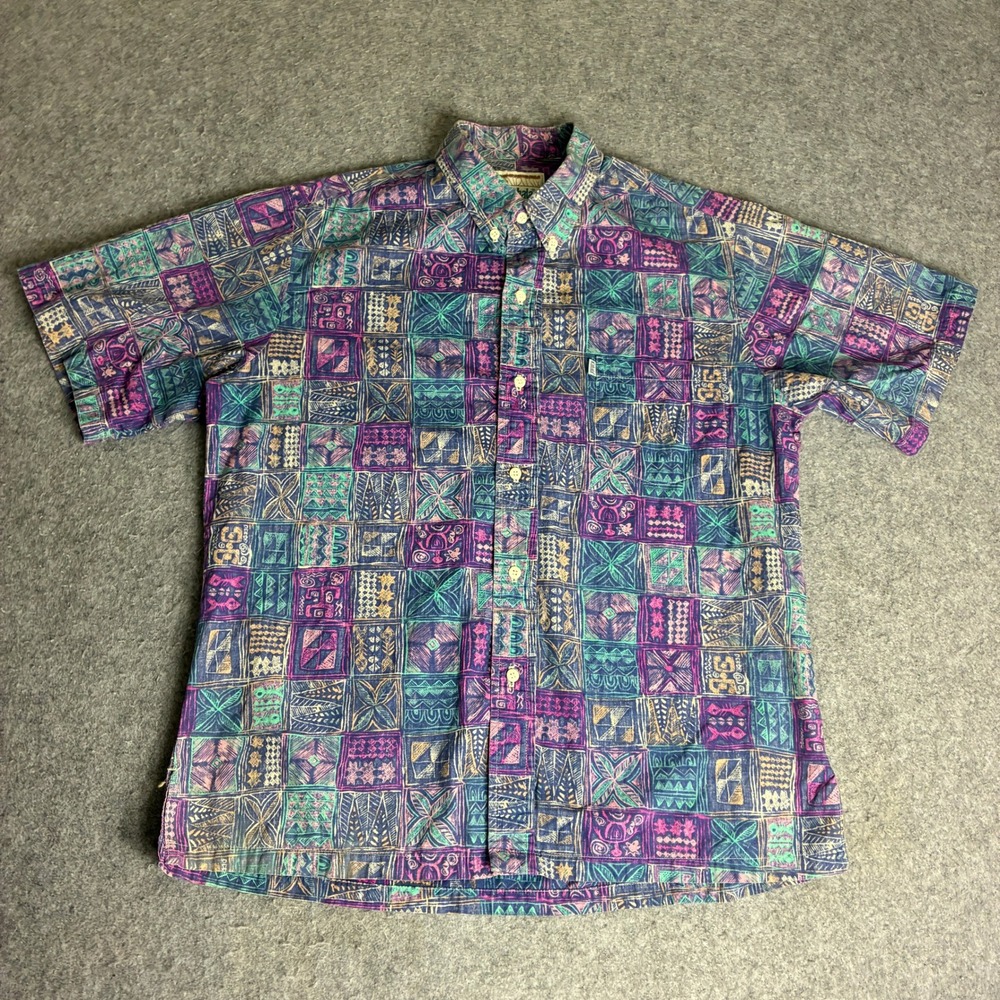 Kahala Mens Large Cotton Short Sleeve Button Down Shirt Tribal Geometric Boho